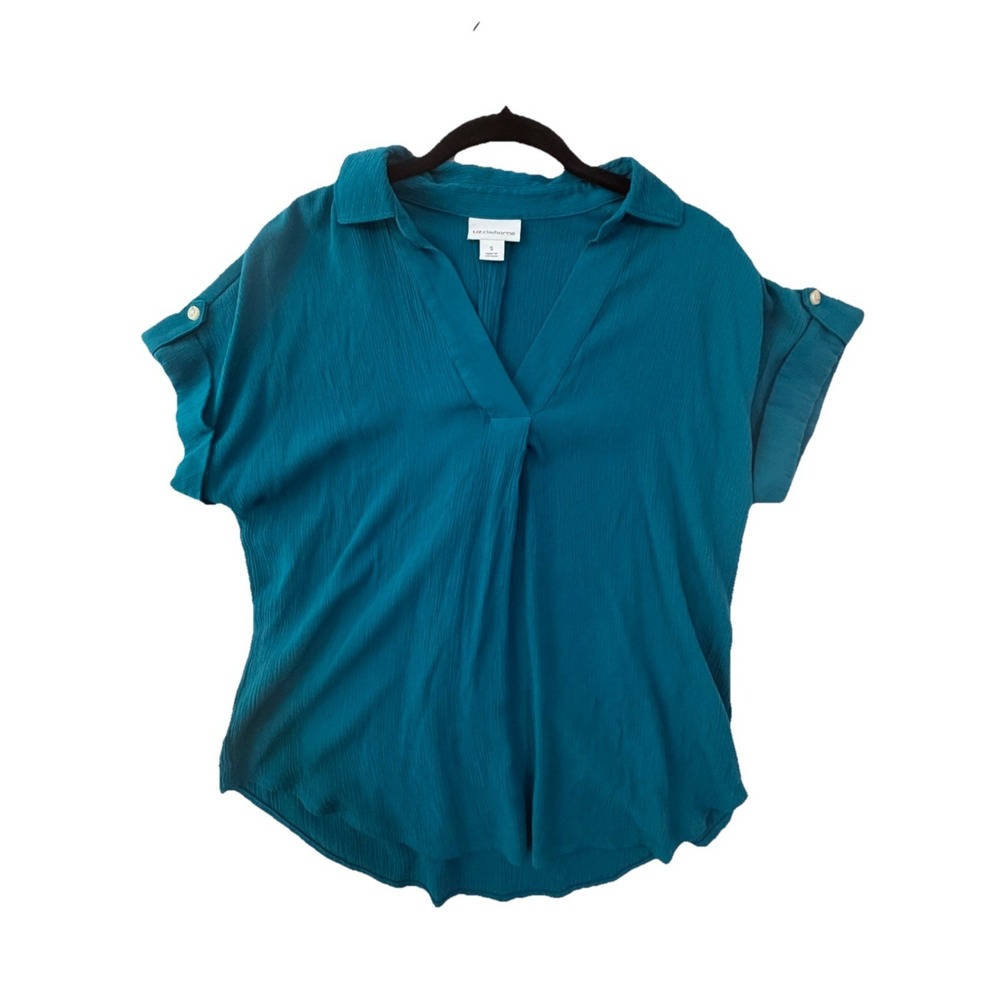 Liz Claiborne Women's Teal Textured Roll Tab Sleeve Blouse Size Small